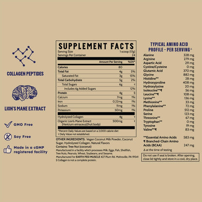 Earth Fed Muscle Morning Charge Protein Coffee Creamer with Collagen & Lion's Mane – Organic, Dairy-Free, Soy-Free, Gluten-Free – 24 Servings