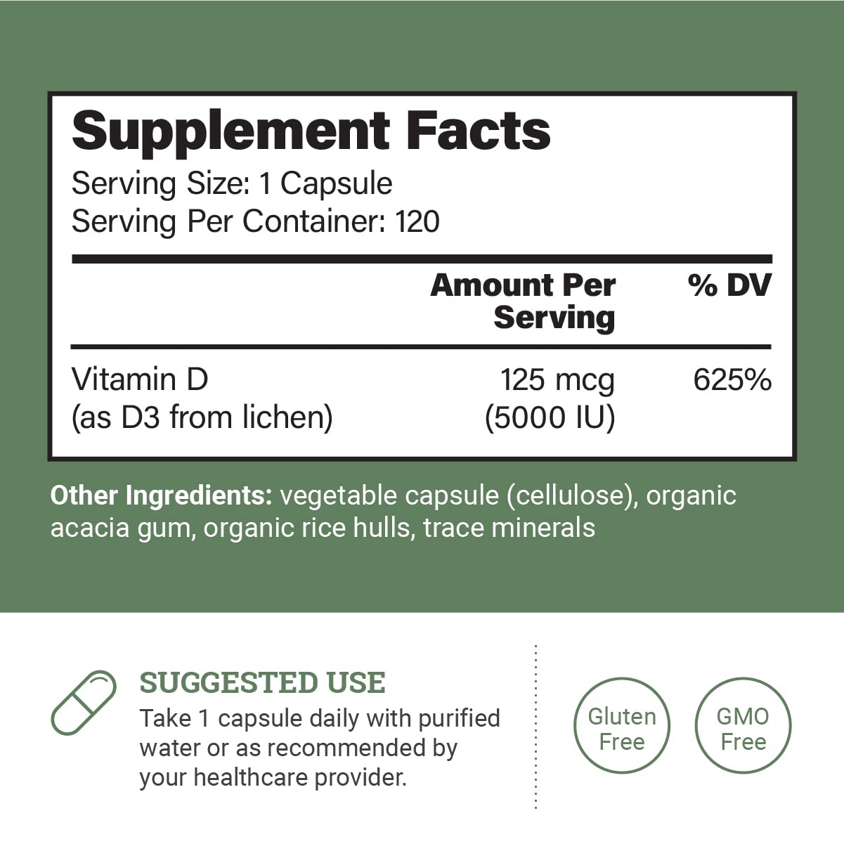 Earth Harmony Naturals Vegan Vitamin D3 5000 IU – Immune & Bone Health, 120 Capsules (4-Month Supply)