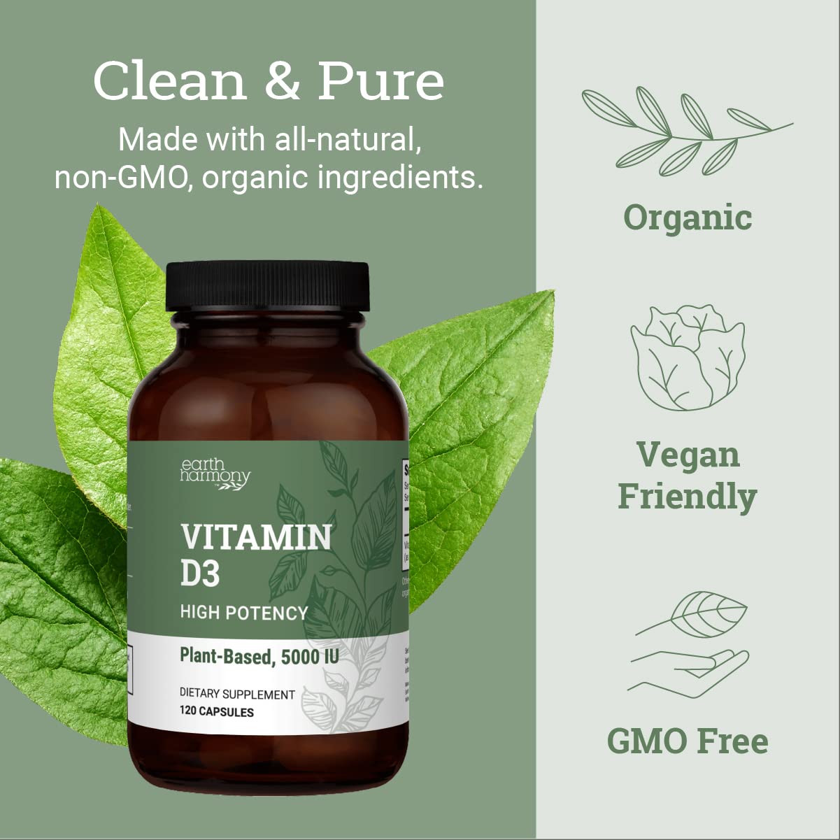 Earth Harmony Naturals Vegan Vitamin D3 5000 IU – Immune & Bone Health, 120 Capsules (4-Month Supply)