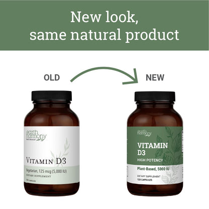 Earth Harmony Naturals Vegan Vitamin D3 5000 IU – Immune & Bone Health, 120 Capsules (4-Month Supply)