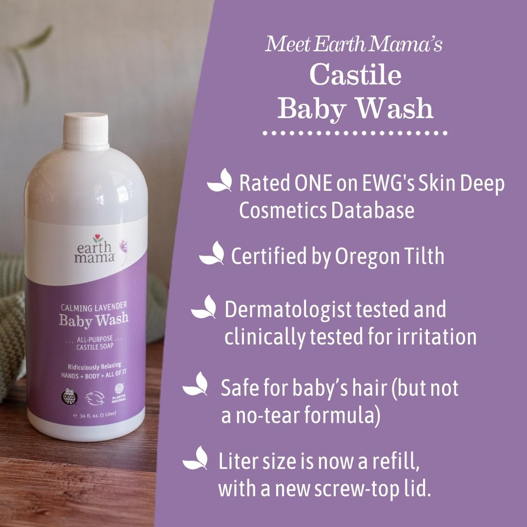 Earth Mama Calming Lavender Baby Wash – Organic Castile Soap, 34 oz