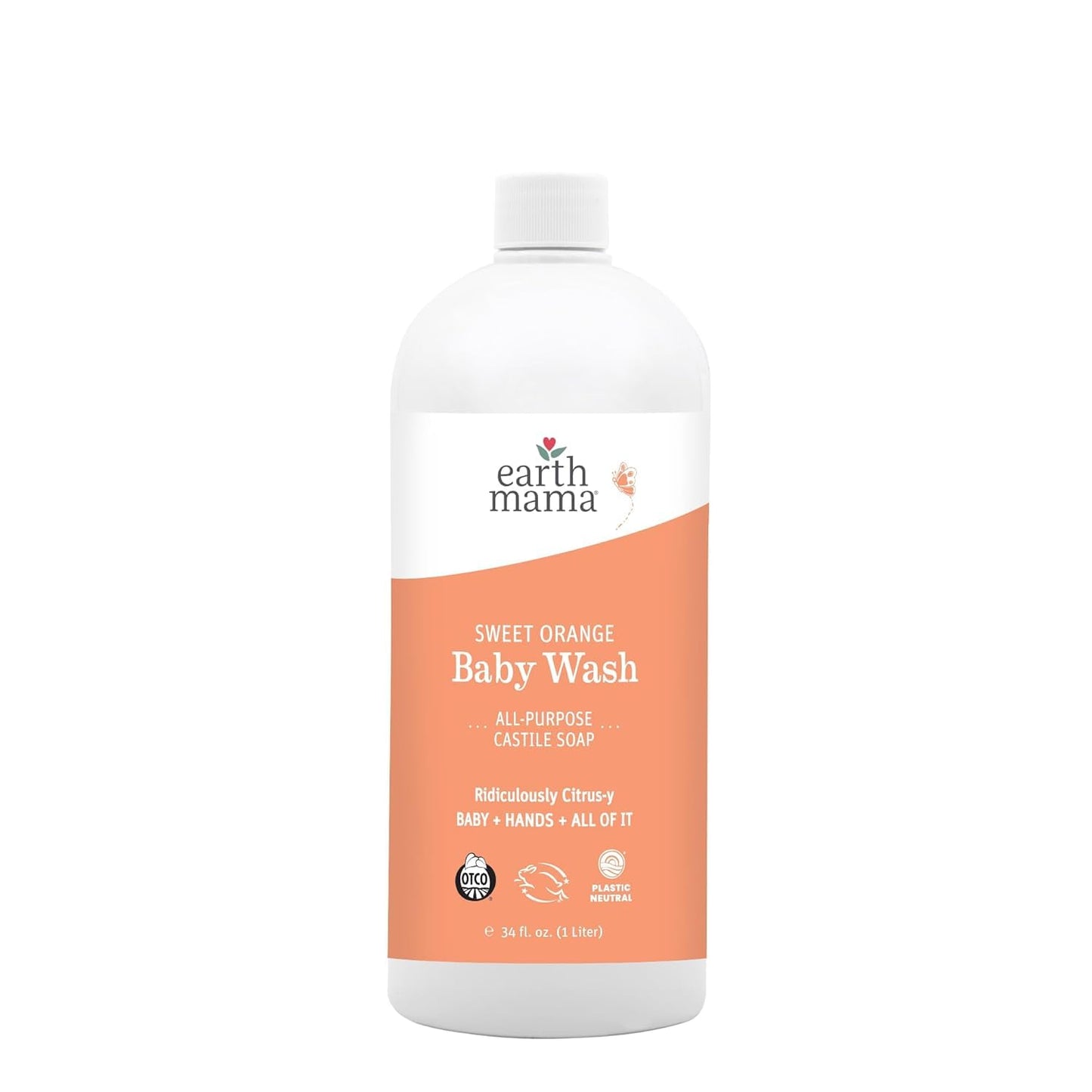 Earth Mama Sweet Orange Baby Wash – Organic Castile Soap for Sensitive Skin – 34 fl oz