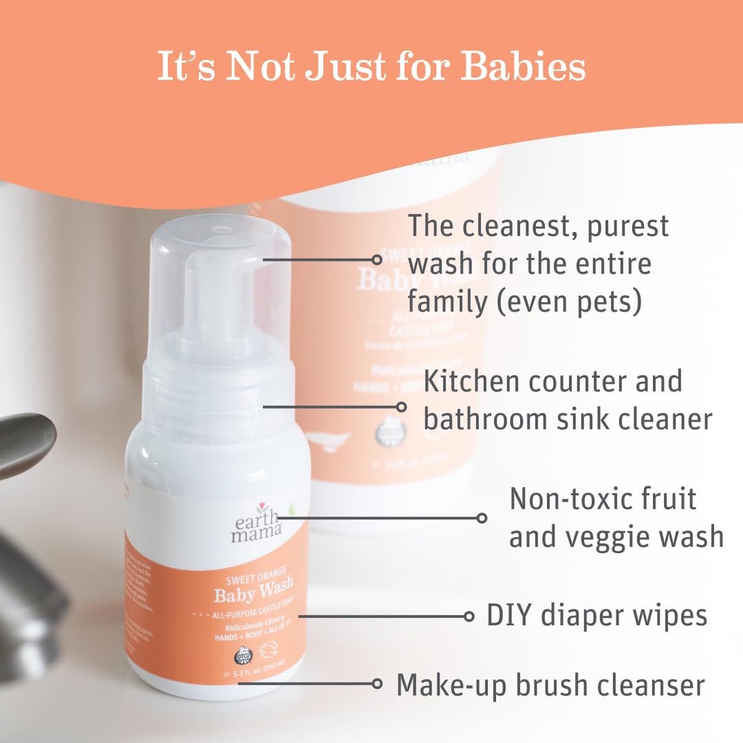 Earth Mama Sweet Orange Baby Wash – Organic Castile Soap for Sensitive Skin – 34 fl oz
