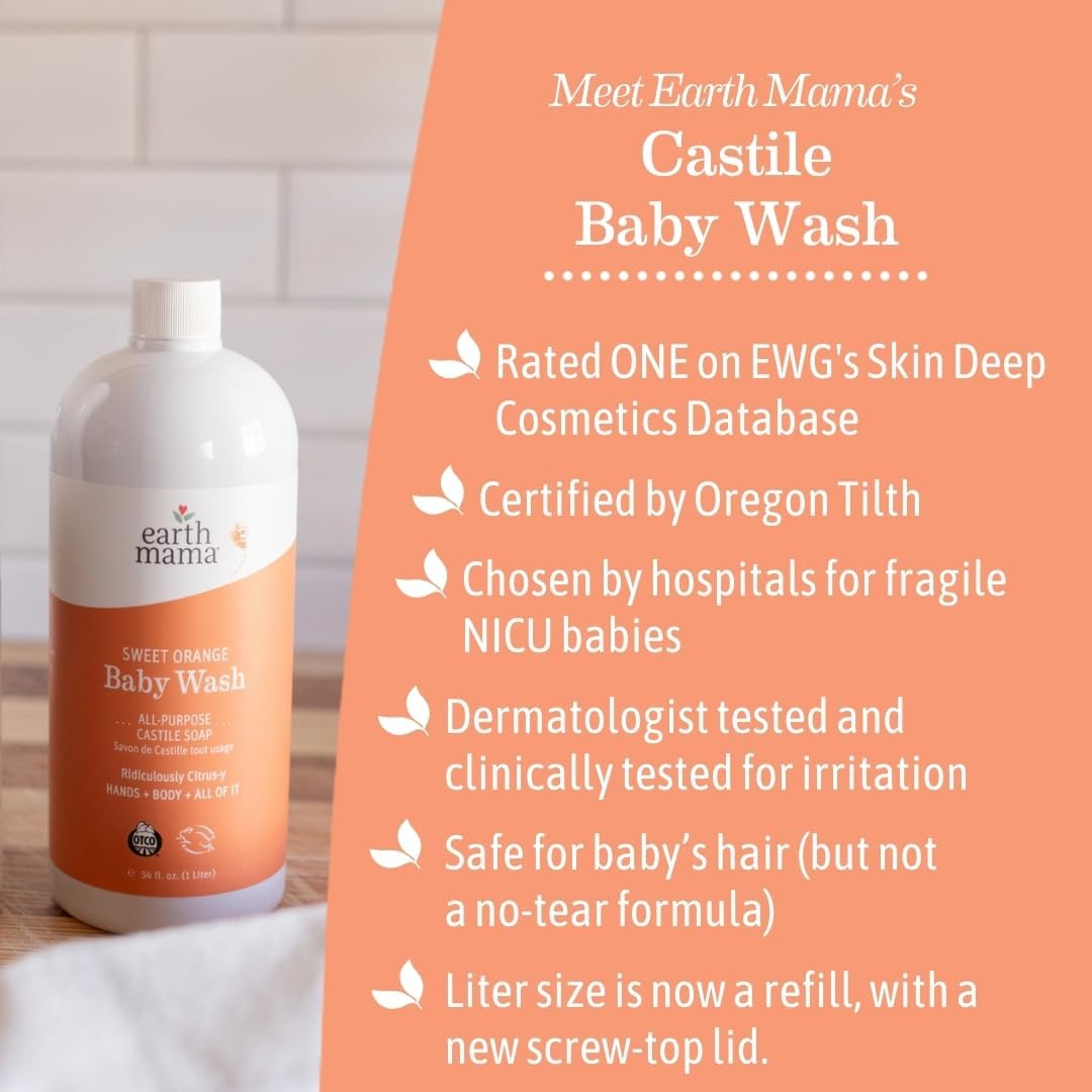 Earth Mama Sweet Orange Baby Wash – Organic Castile Soap for Sensitive Skin – 34 fl oz