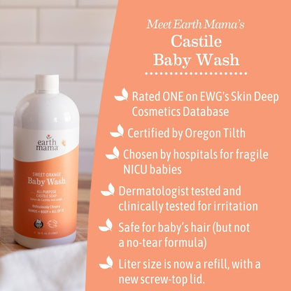 Earth Mama Sweet Orange Baby Wash – Organic Castile Soap for Sensitive Skin – 34 fl oz