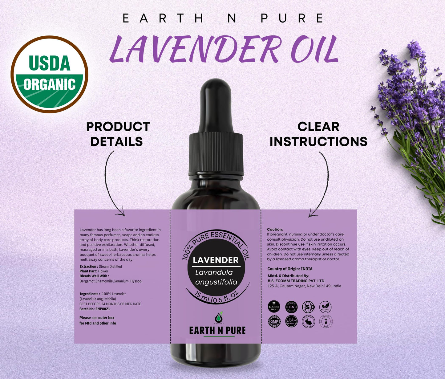 Earth N Pure Lavender Essential Oil – 100ml, 100% Natural & Therapeutic Grade