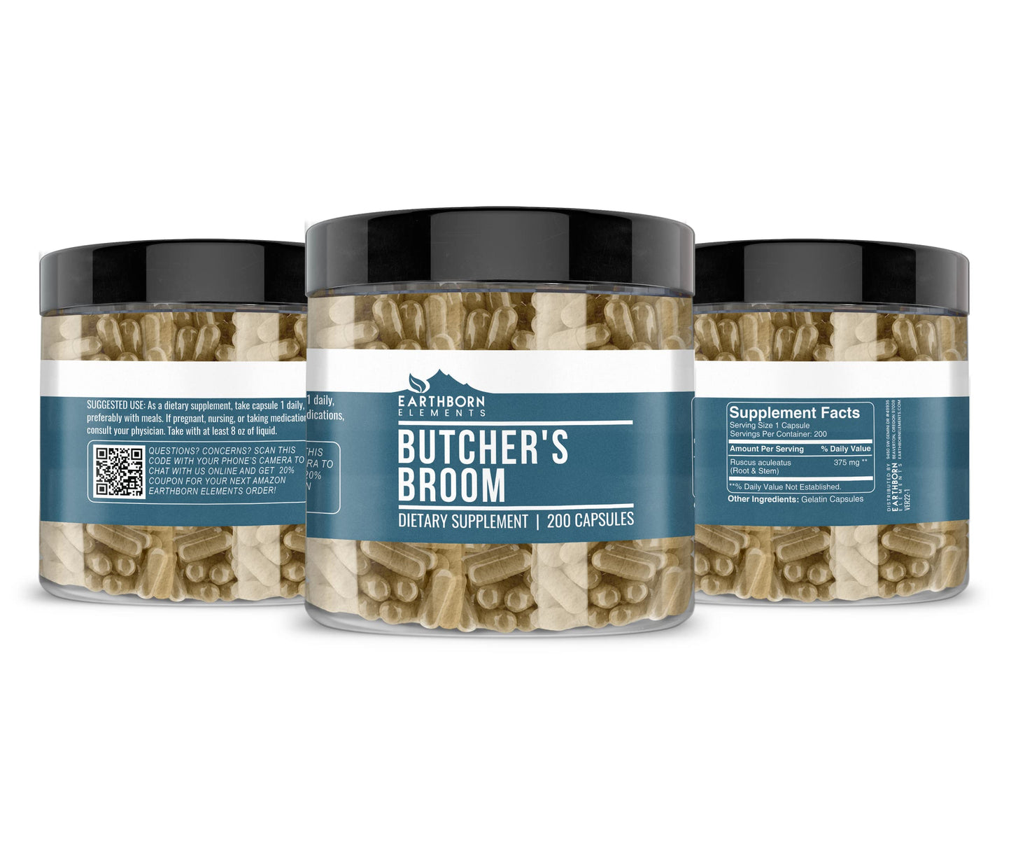 Earthborn Elements Butcher's Broom 200 Capsules – Pure & Undiluted, No Additives