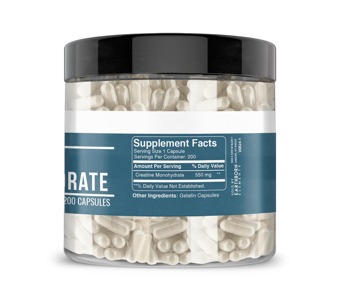 Earthborn Elements Creatine Monohydrate – 200 Capsules | Pure & Undiluted, USA Encapsulated