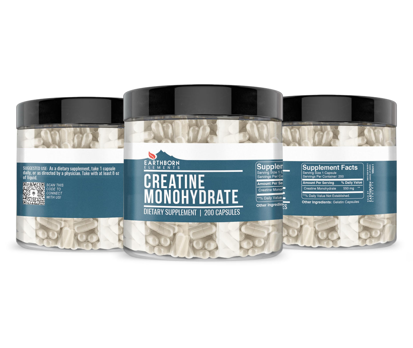 Earthborn Elements Creatine Monohydrate – 200 Capsules | Pure & Undiluted, USA Encapsulated