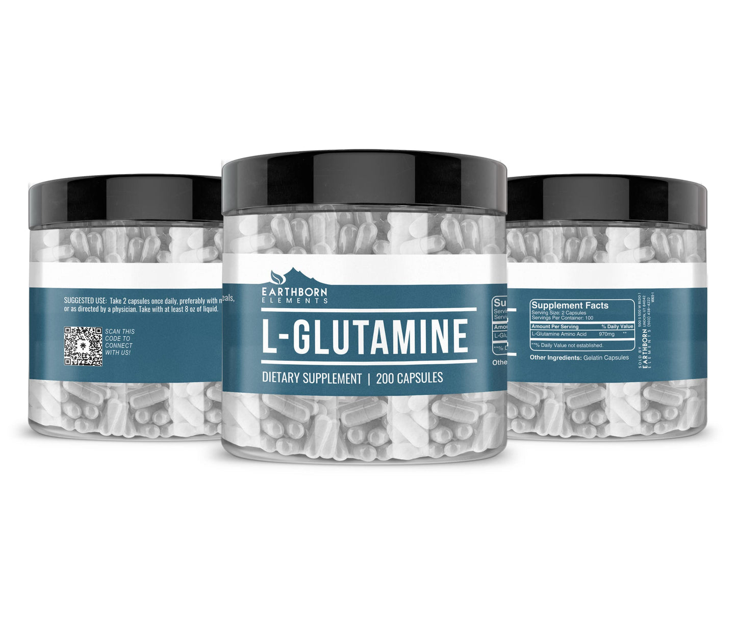 Earthborn Elements L-Glutamine 200 Capsules – Pure & Undiluted, No Additives