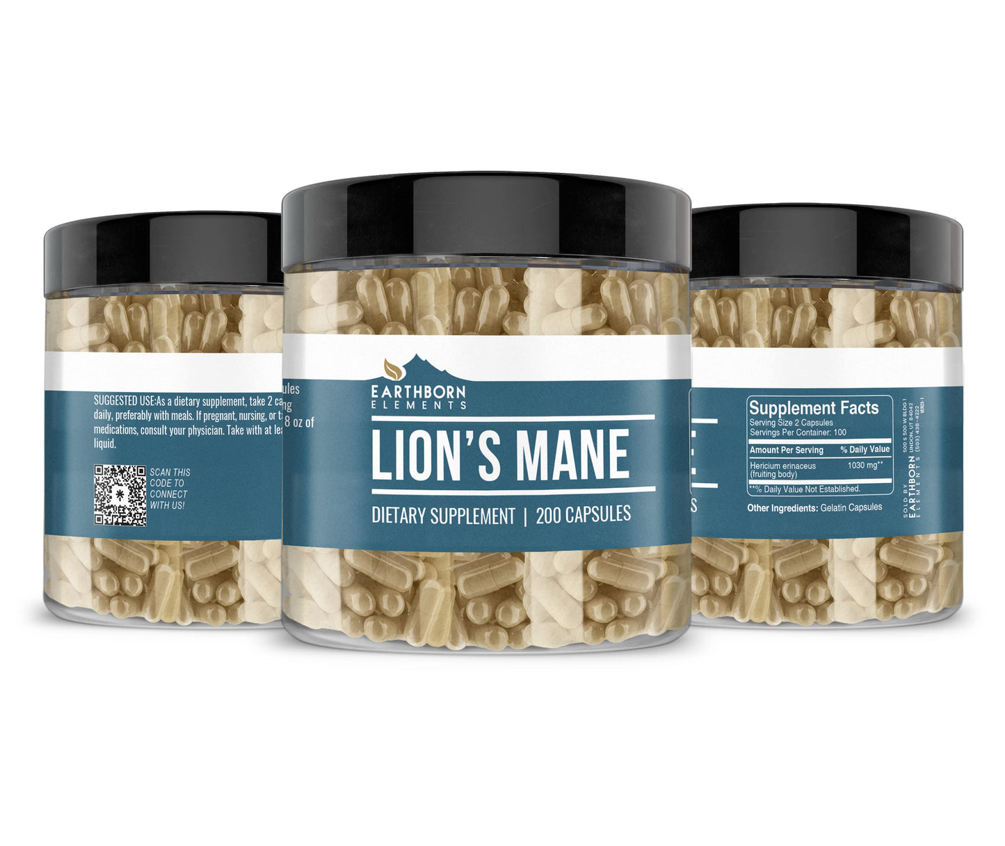 Earthborn Elements Lion’s Mane 200 Capsules – Pure & Undiluted, No Additives