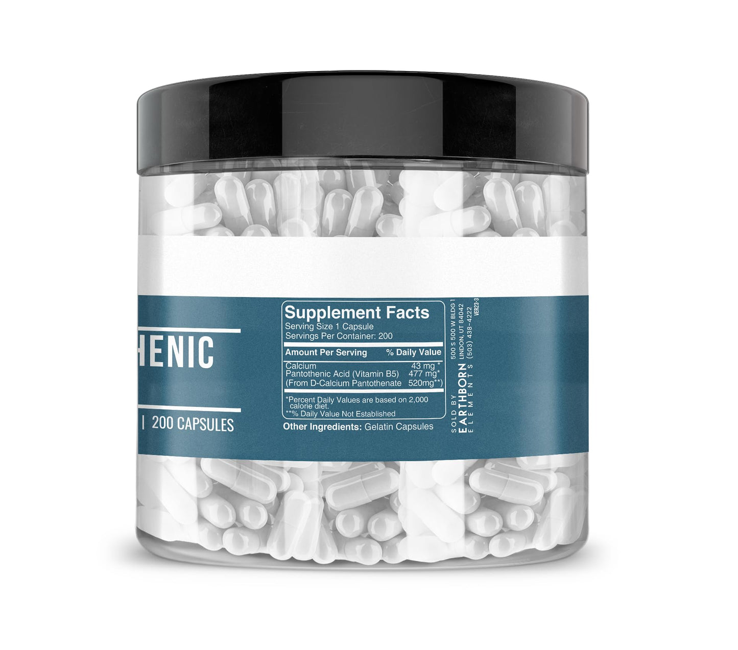 Earthborn Elements Pantothenic Acid 200 Capsules – Pure Vitamin B5, No Additives
