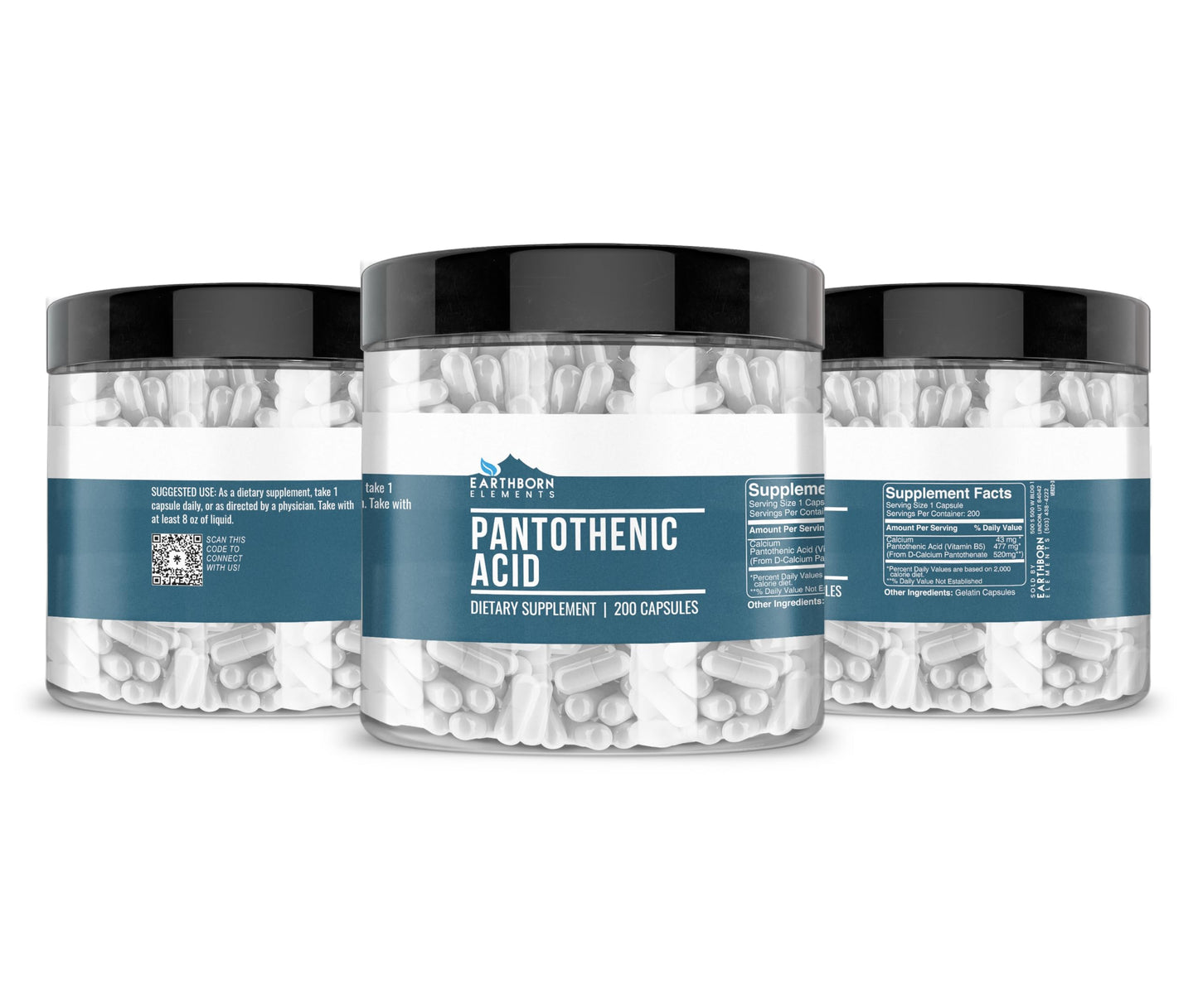 Earthborn Elements Pantothenic Acid 200 Capsules – Pure Vitamin B5, No Additives