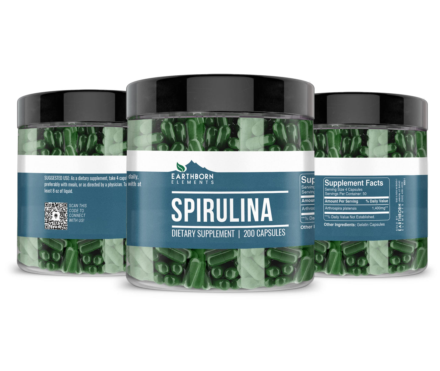 Earthborn Elements Spirulina 200 Capsules – Pure & Undiluted, No Additives | 50 Day Supply