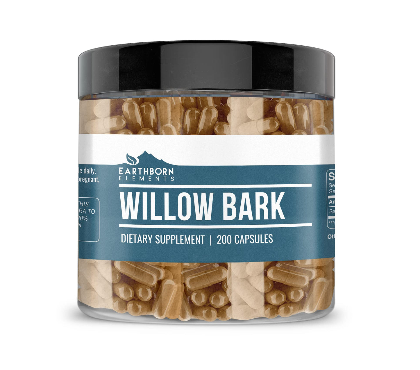 Earthborn Elements Willow Bark Extract Capsules (200 Count) - Pure & Undiluted, No Additives