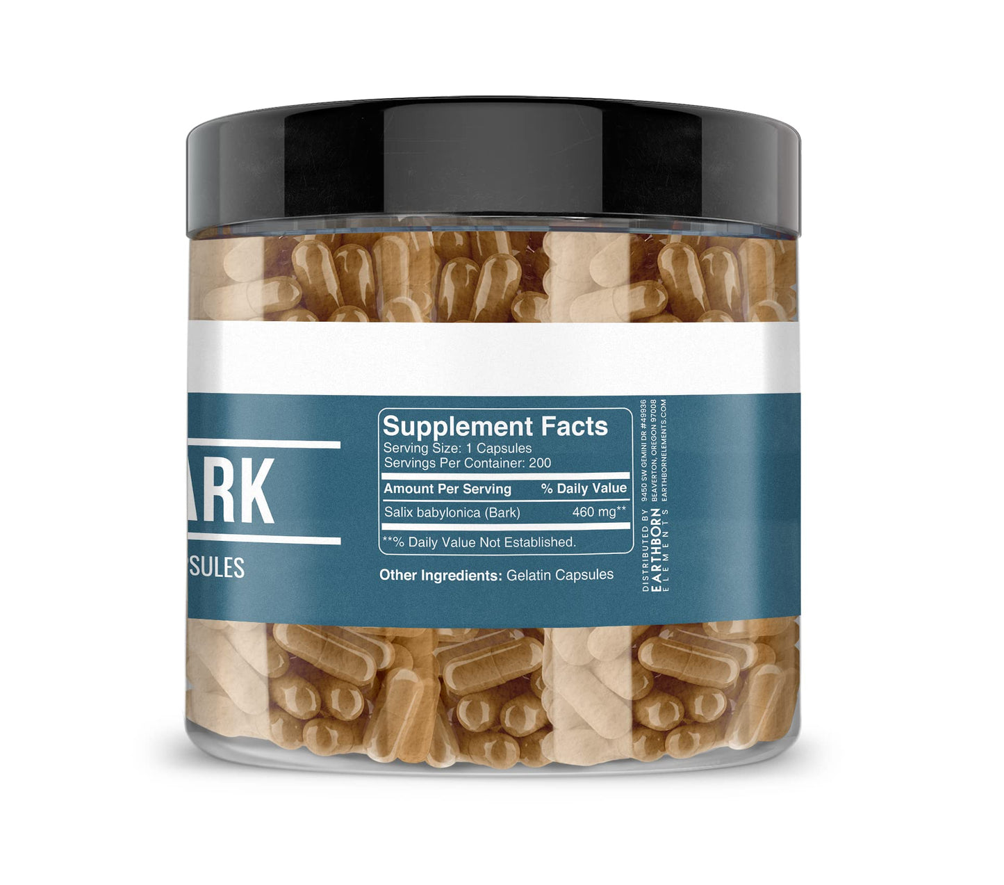 Earthborn Elements Willow Bark Extract Capsules (200 Count) - Pure & Undiluted, No Additives