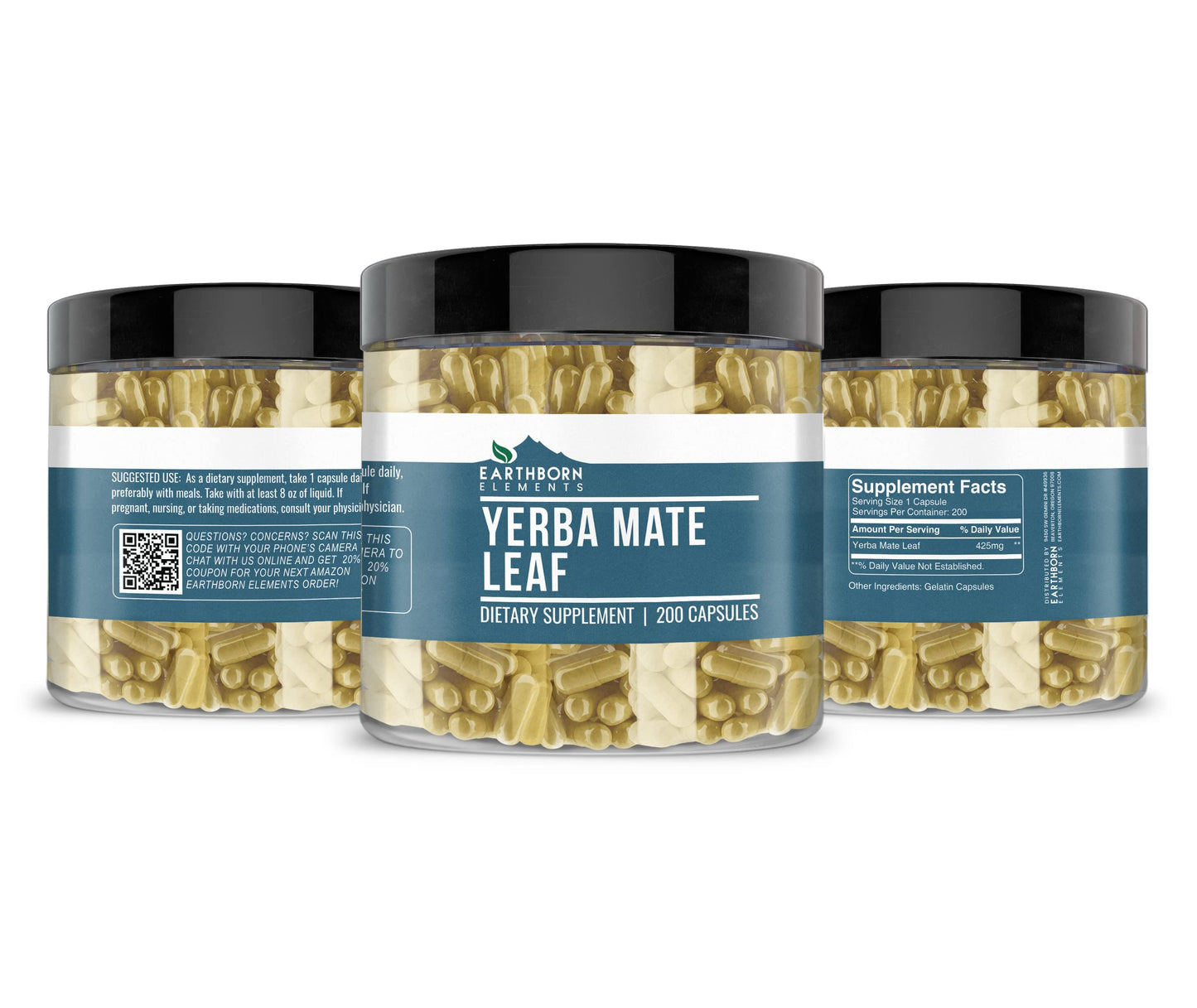 Earthborn Elements Yerba Mate Leaf Capsules – Pure & Undiluted, No Additives | 200 Capsules