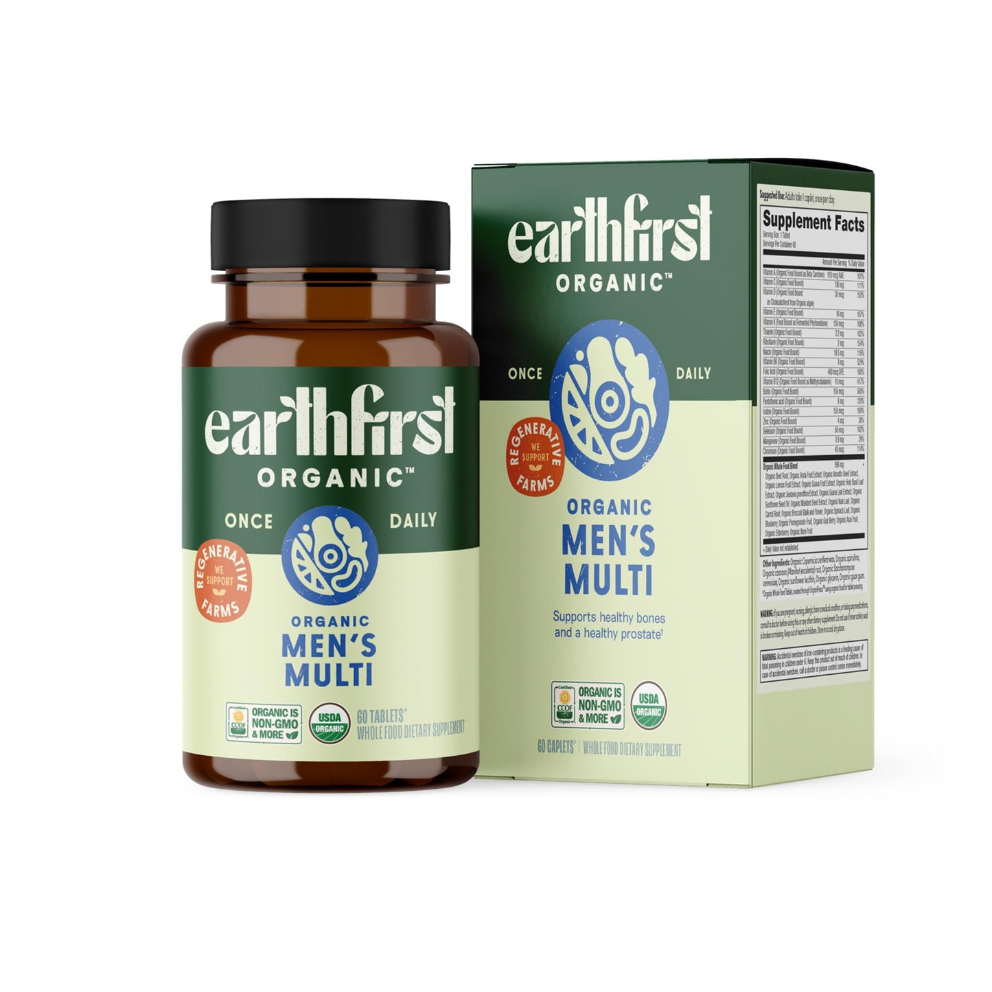 EarthFirst Organic Men’s Multi – Daily Whole-Food Multivitamin, 60 Count, Energy & Immune Support
