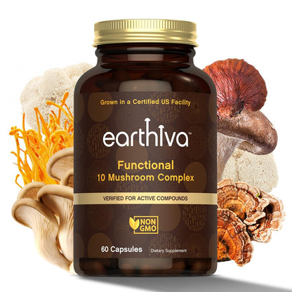 Earthiva Mushroom Complex Supplement – 60 Capsules | 10-in-1 Blend