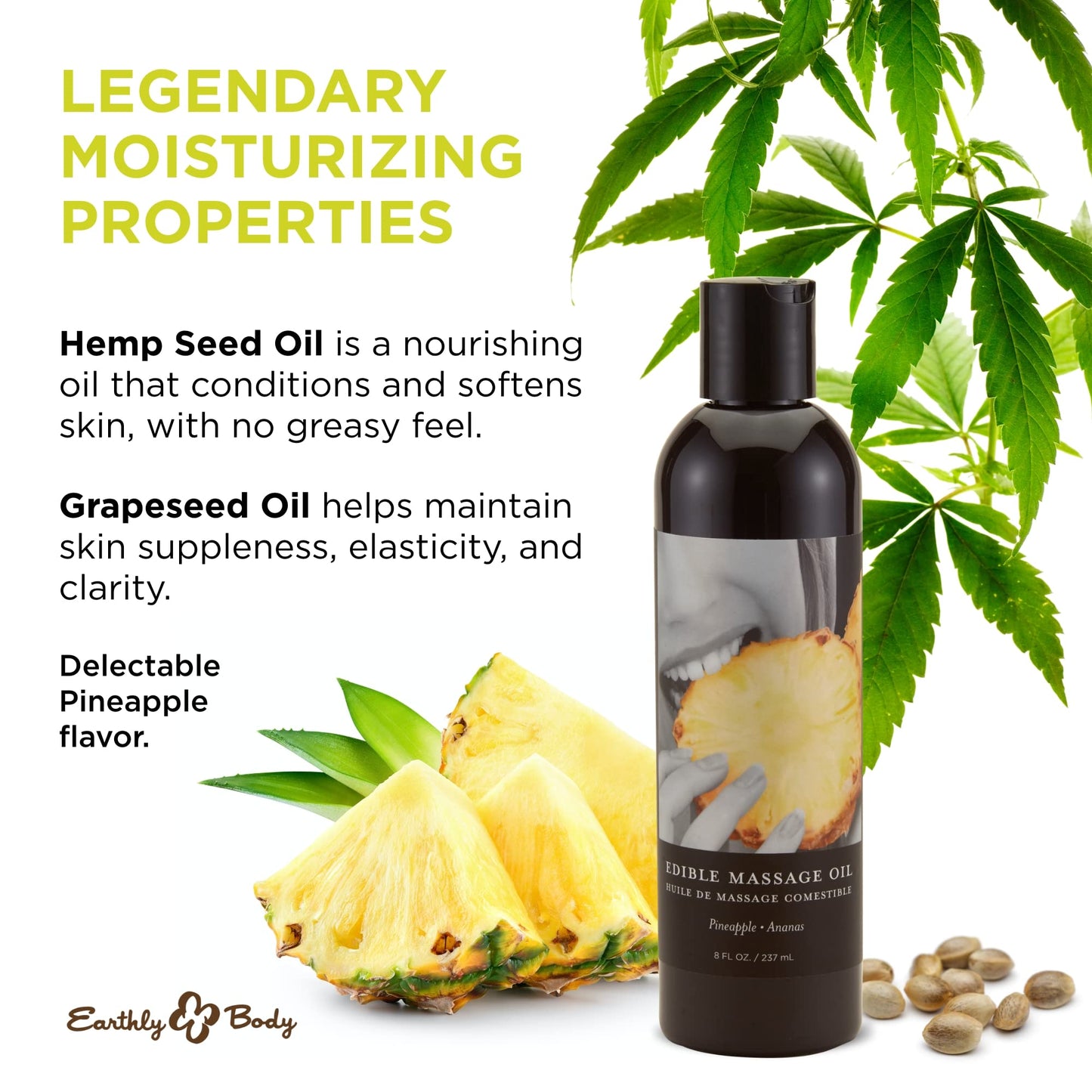 Earthly Body Edible Massage Oil, Pineapple - 8 fl. oz. - Hemp Seed, Almond, Grapeseed, Apricot & Vitamin E Oil - Vegan & Cruelty Free