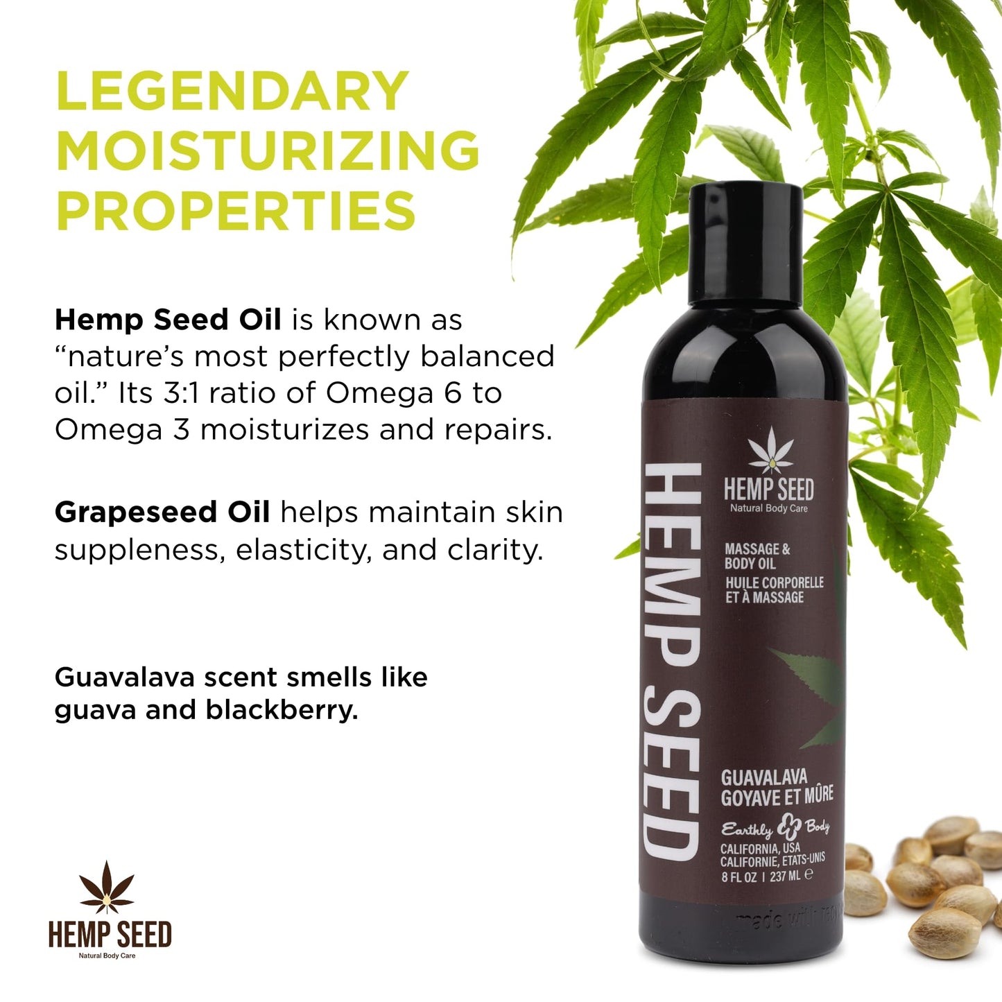 Earthly Body Hemp Seed Massage & Body Oil – Guavalava, 8 Fl Oz