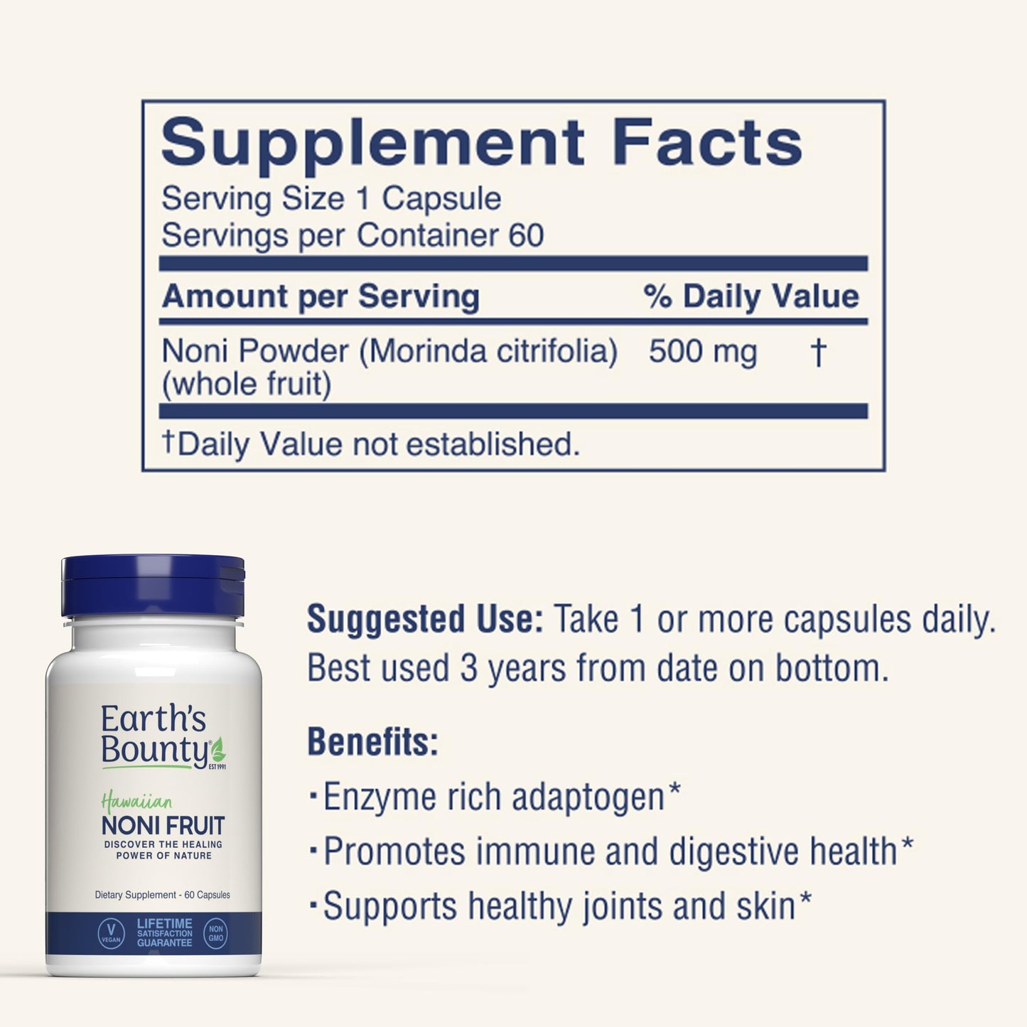 Earth's Bounty Hawaiian Noni Capsules | 60 Veggie Caps | Immune & Joint Health