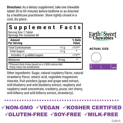BlueBonnet EarthSweet Melatonin 10 mg Fast-Acting Chewables – Raspberry, Gluten-Free & Vegan