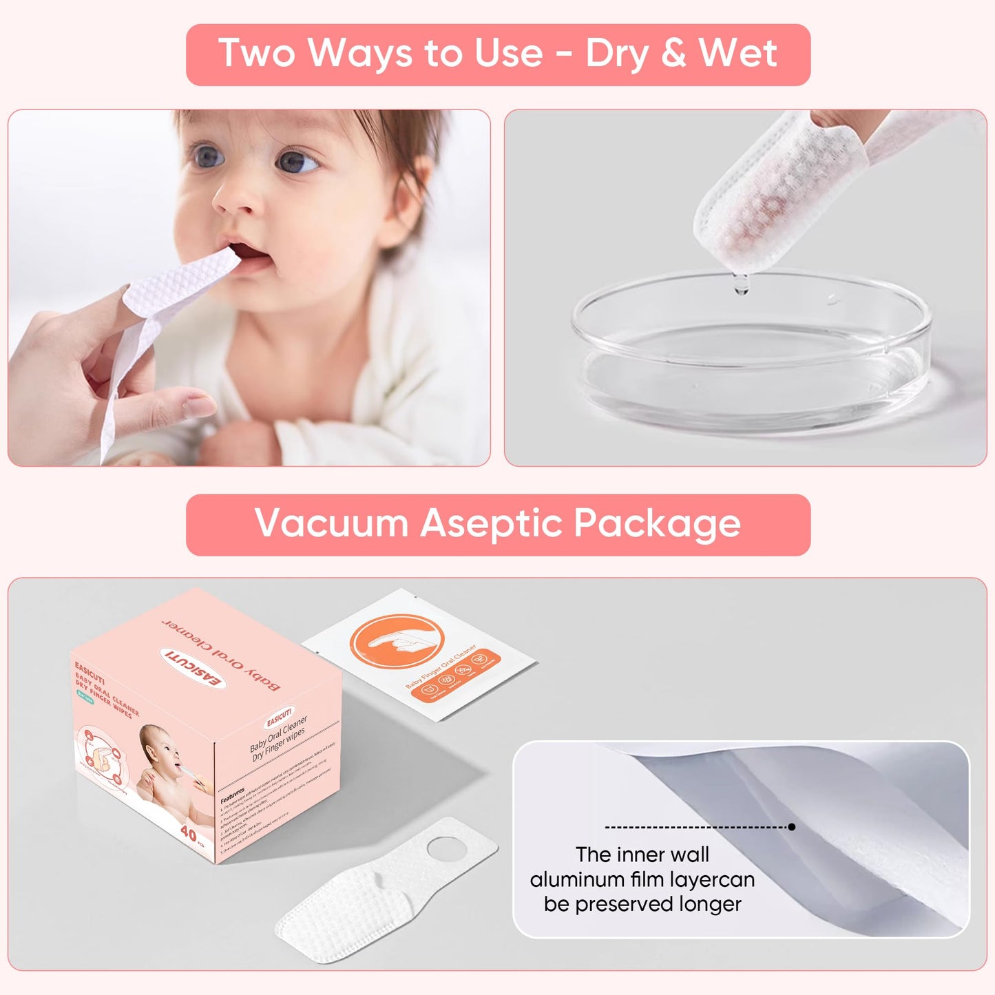 EASICUTI 40Pcs Baby Finger Toothbrush & Dry Wipes – Newborn Oral Care (0-36 Months)