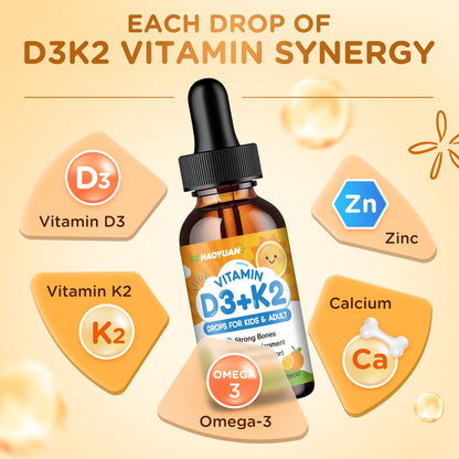 Vitamin D3 K2 Drops for Kids – Vegan Non-GMO Orange 2oz | Supports Calcium Absorption, Bones, Brain & Immunity