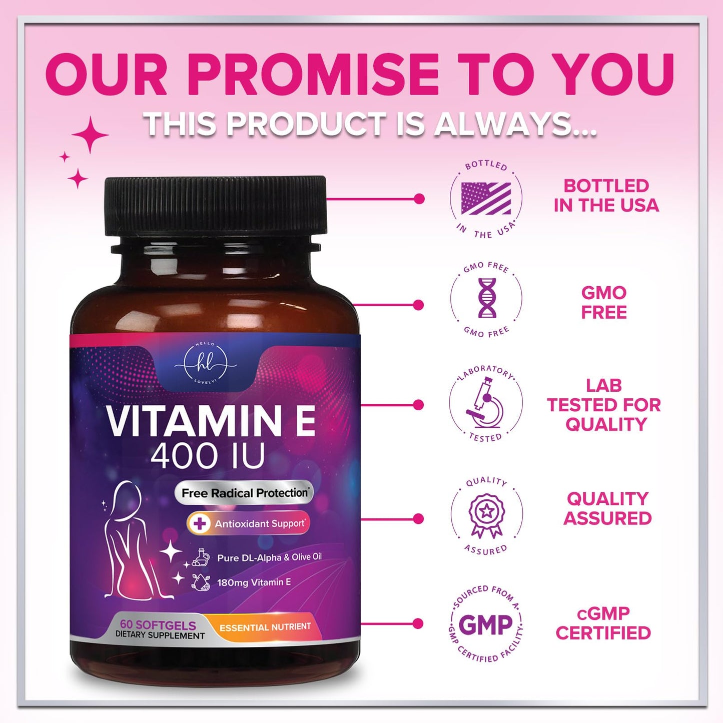 Vitamin E 400 IU (180 mg) – Hair & Skin Support, Immune Health – Non-GMO, Gluten Free | 60 Softgels