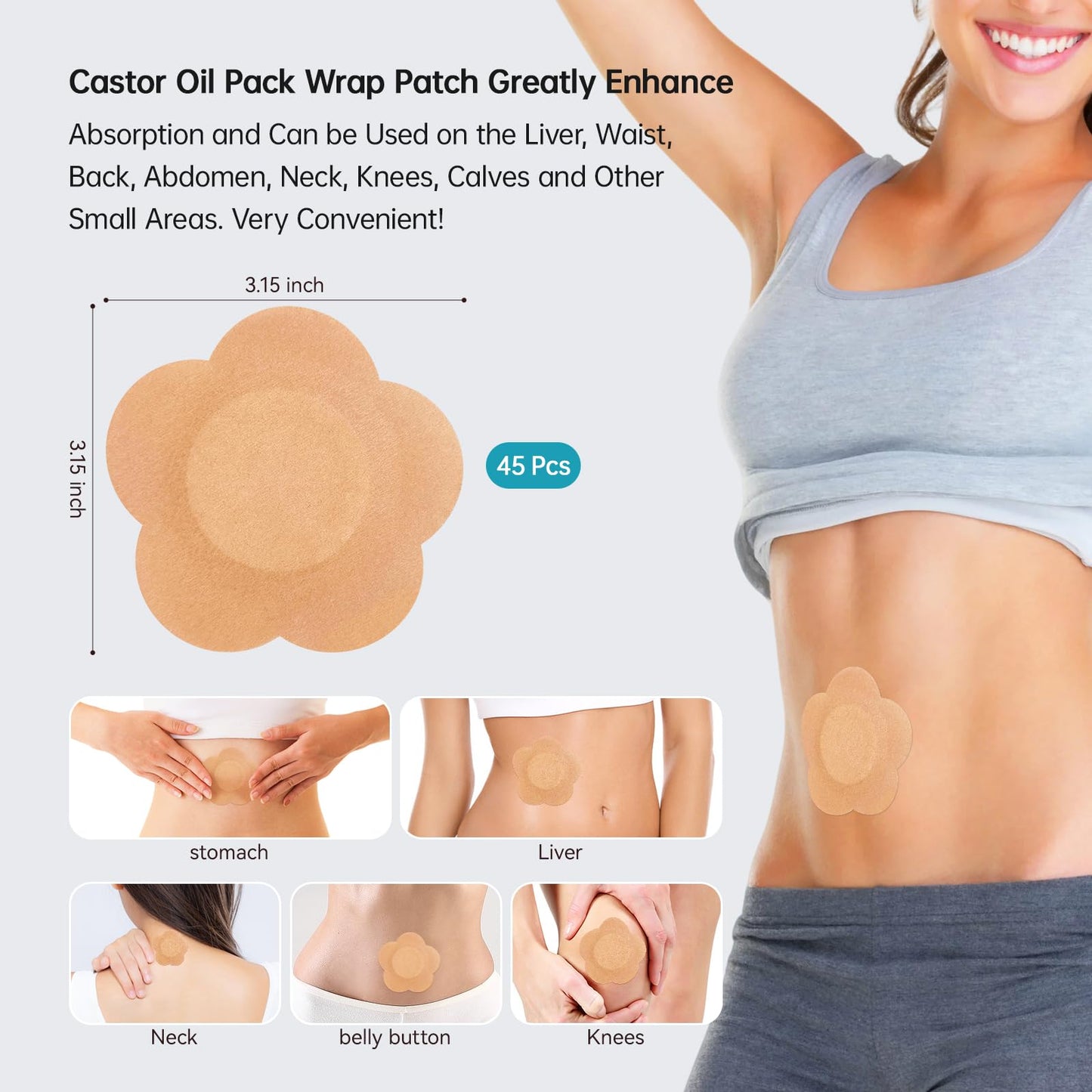 45 Pack Castor Oil Patches Kit - 8 oz Organic Cold-Pressed, Hexane Free