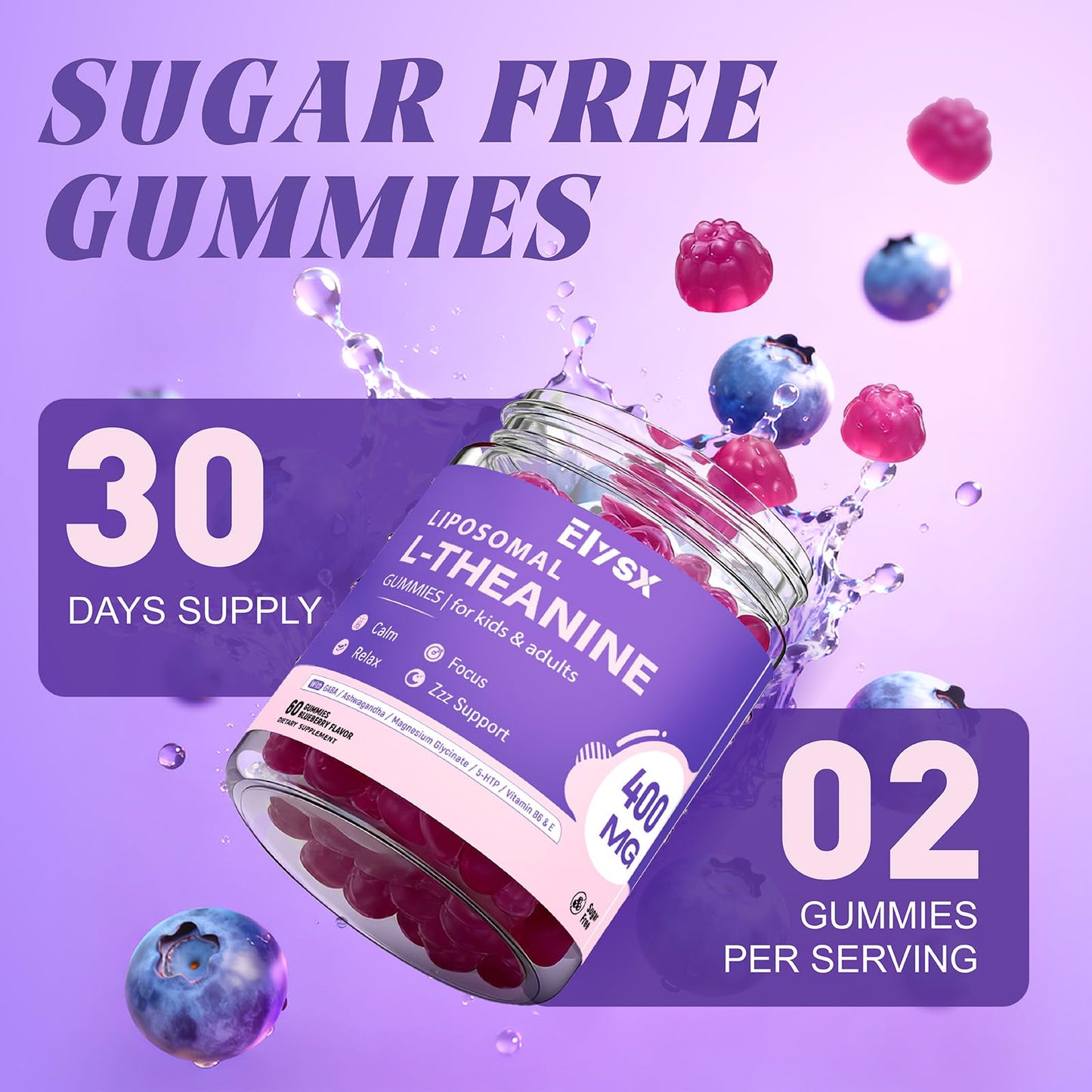 Liposomal L-Theanine Gummies with GABA - 400mg, Blueberry, 60 Count | Stress Relief & Focus