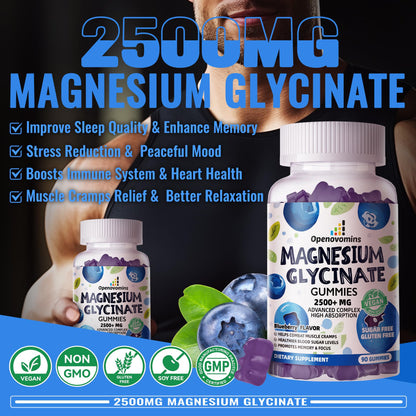 Magnesium Glycinate Gummies 2500mg - Sugar Free Calm Mood & Sleep Support (90 Blueberry)