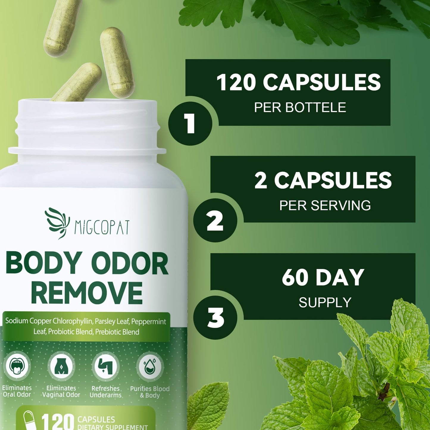 Chlorophyll Body Deodorizing Supplement – 120 Caps, Parsley & Peppermint