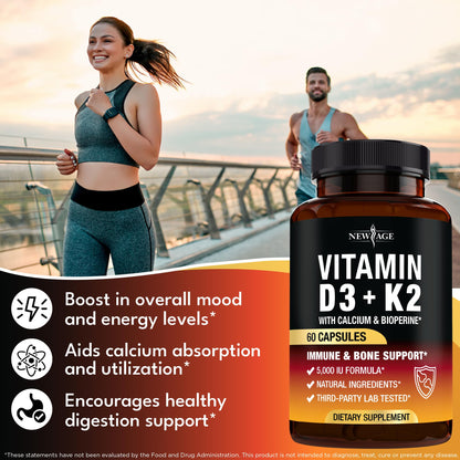 Vitamin D3 5000 IU + K2 MK-7 100 mcg – 2-in-1 Bone, Immune & Heart Support