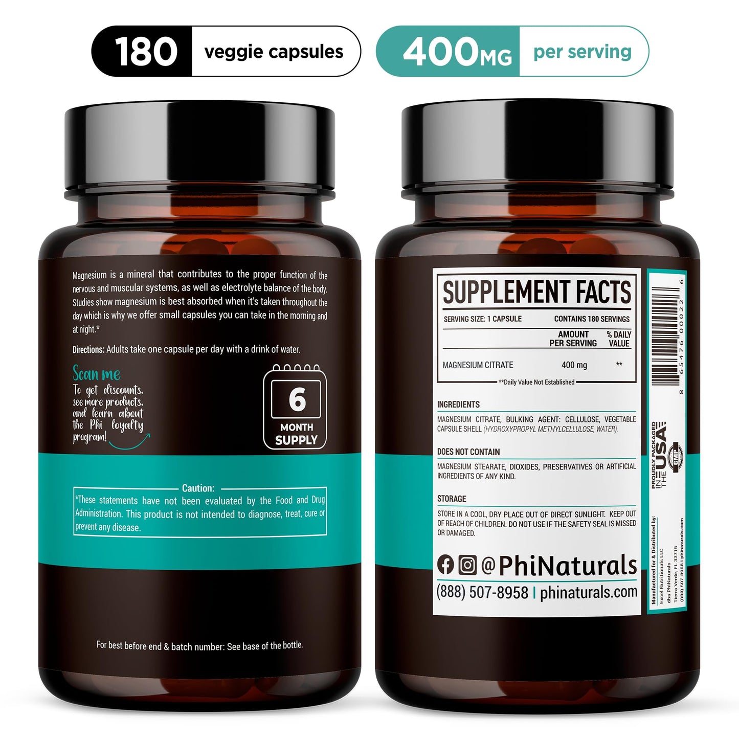 Magnesium Citrate Capsules 400 mg – 180 Veg Caps – Nervous System Support and Enzyme Function | PhiNaturals