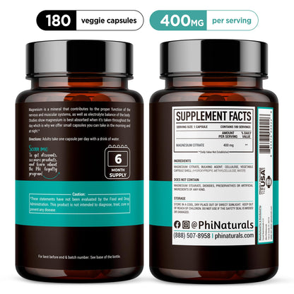 Magnesium Citrate Capsules 400 mg – 180 Veg Caps – Nervous System Support and Enzyme Function | PhiNaturals