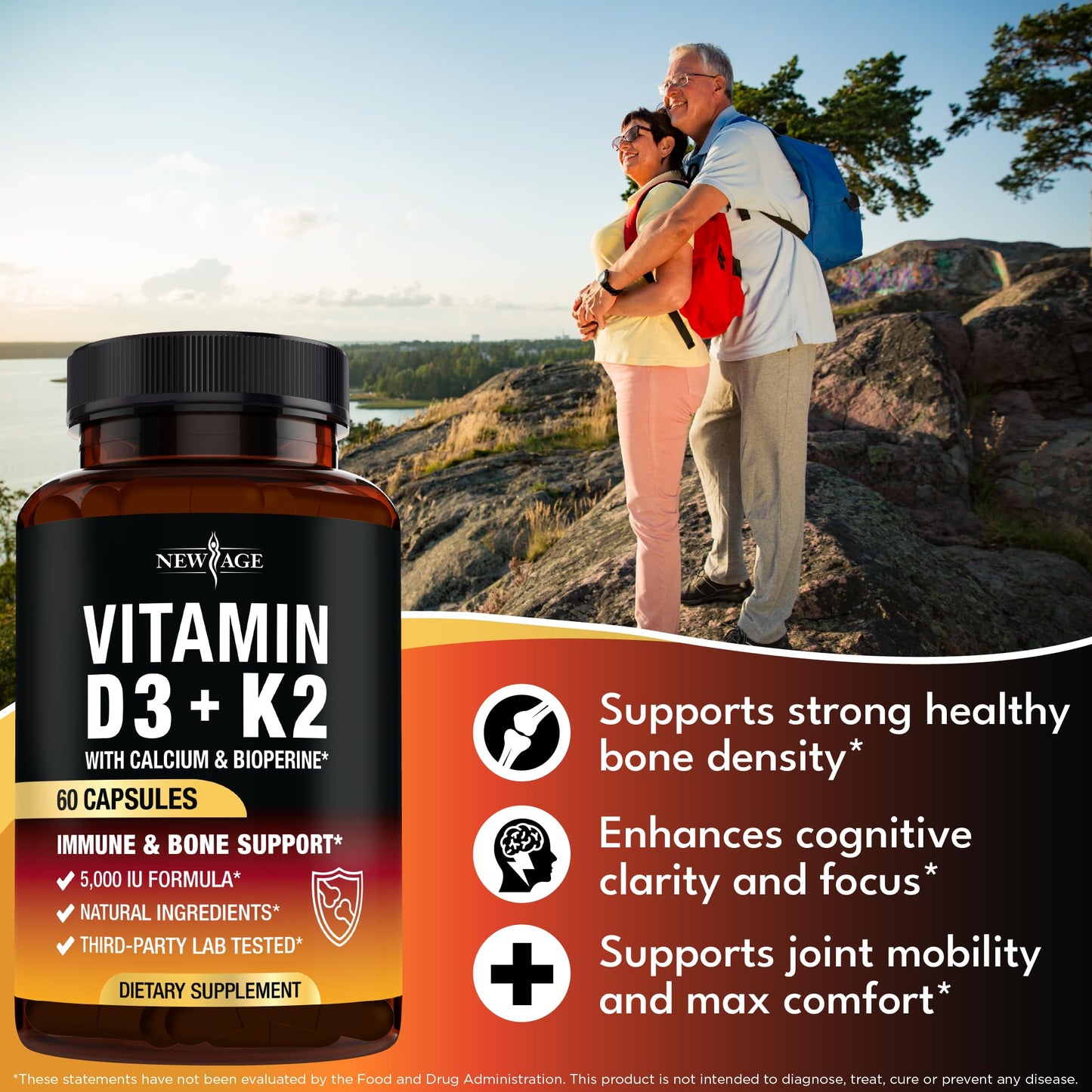 Vitamin D3 5,000 IU + K2 MK-7 100 mcg - 60 Capsules | Bone, Immune & Heart Support - Vegan & Non-GMO
