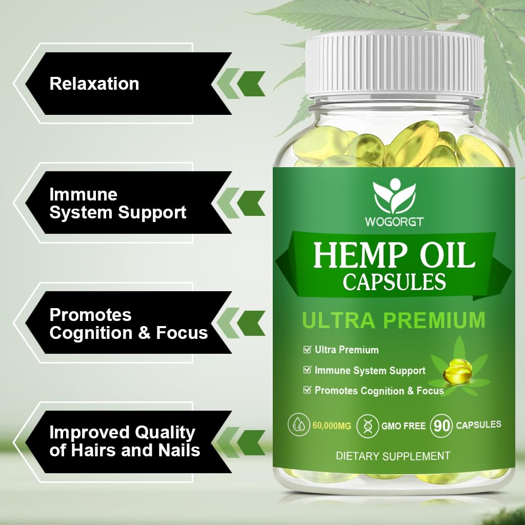 (2Pack) Hemp Oil Capsules – 60,000 Max Strength, Immune Support, Focus & Calm, Relaxation, Mood, Rich in Omega 3-6-9, 90 Capsules