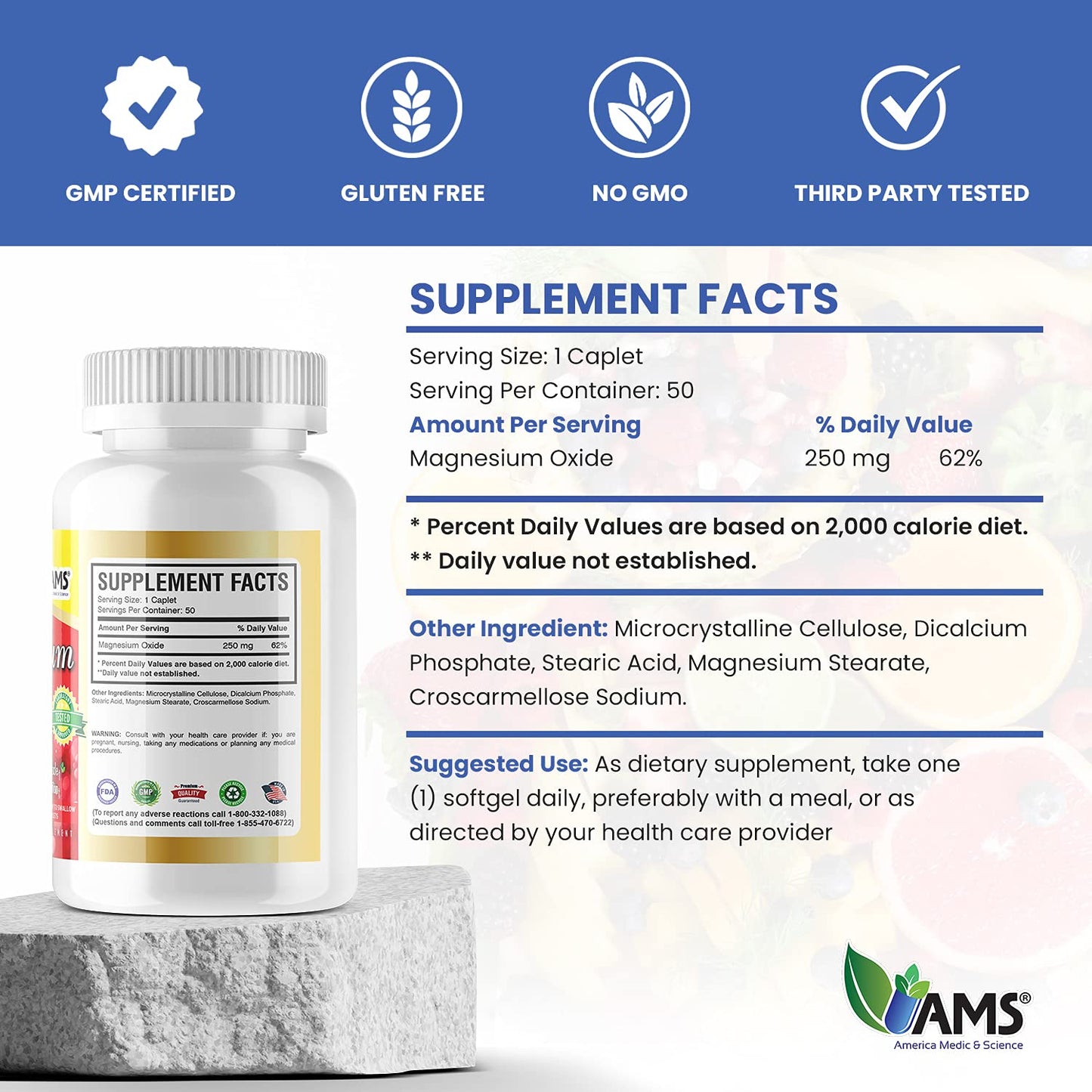 America Medic & Science Magnesium 250 mg (150 Caplets) – 3 Bottles | Magnesium Oxide Supplement