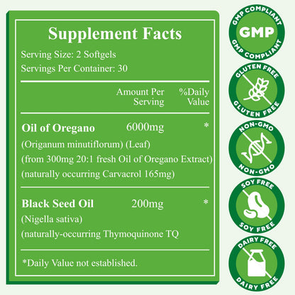 Oil of Oregano with Black Seed Oil – 6000mg Capsules, Organic, Carvacrol & Thymoquinone, 2 Bottles (120 Softgels)