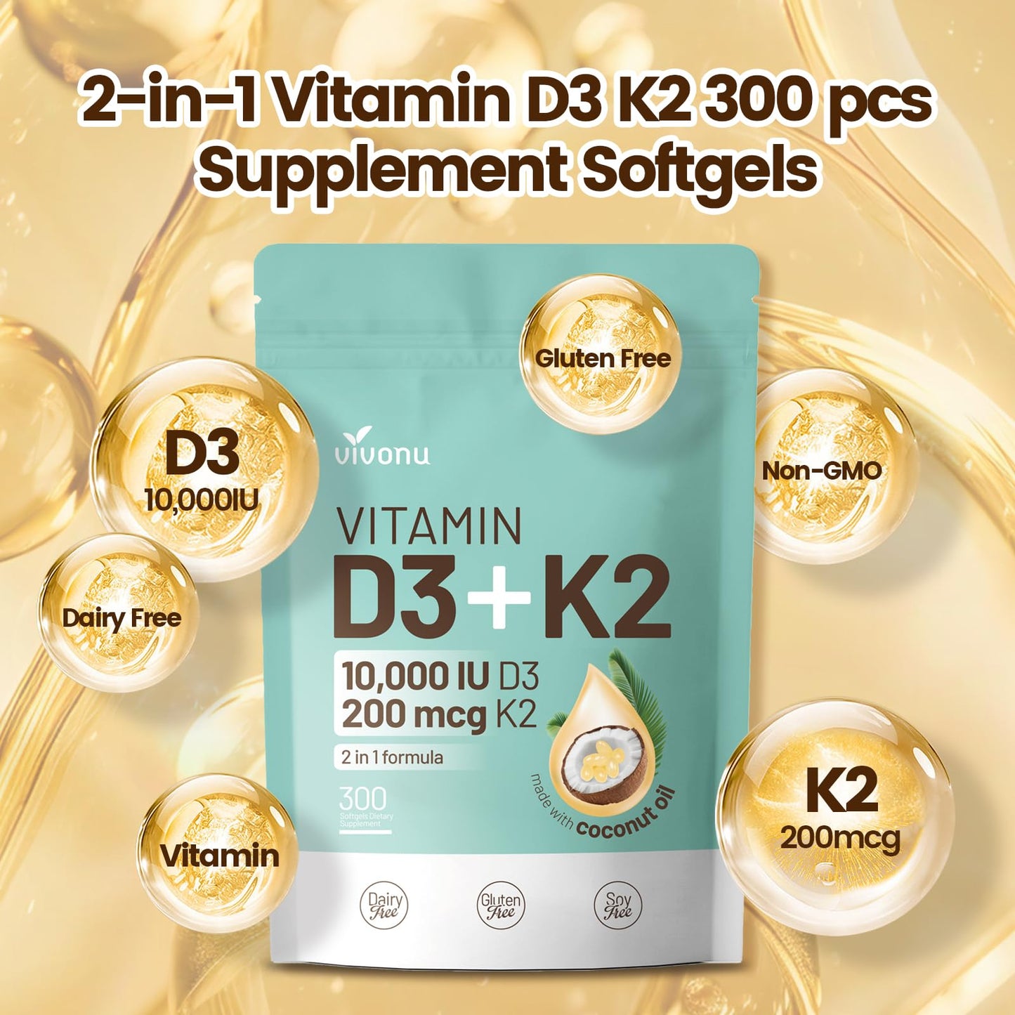 Vitamin D3 + K2 10000 IU with MK-7 (300 mcg) Coconut Oil Softgels
