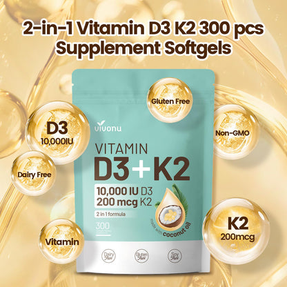 Vitamin D3 + K2 10000 IU with MK-7 (300 mcg) Coconut Oil Softgels