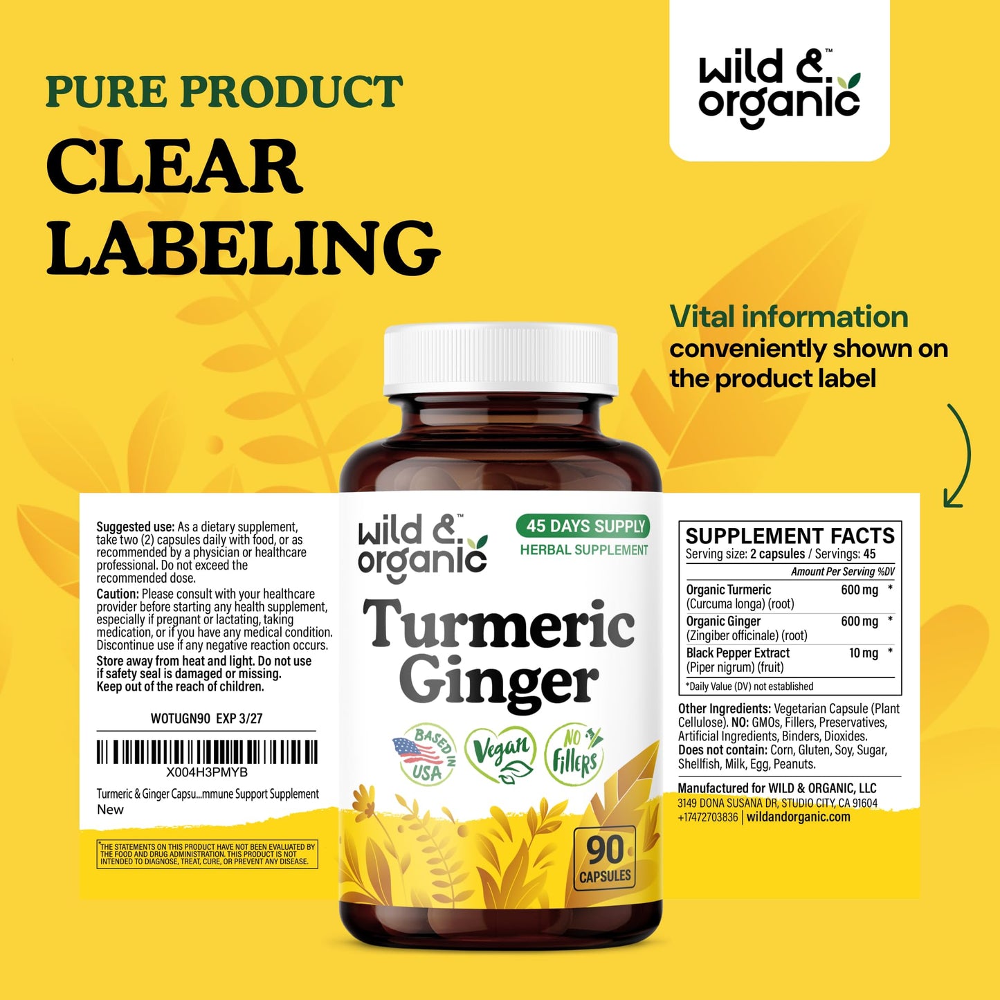 Wild & Organic Turmeric Ginger Capsules – Mobility & Immune Support | Vegan, Non-GMO | 90 Count
