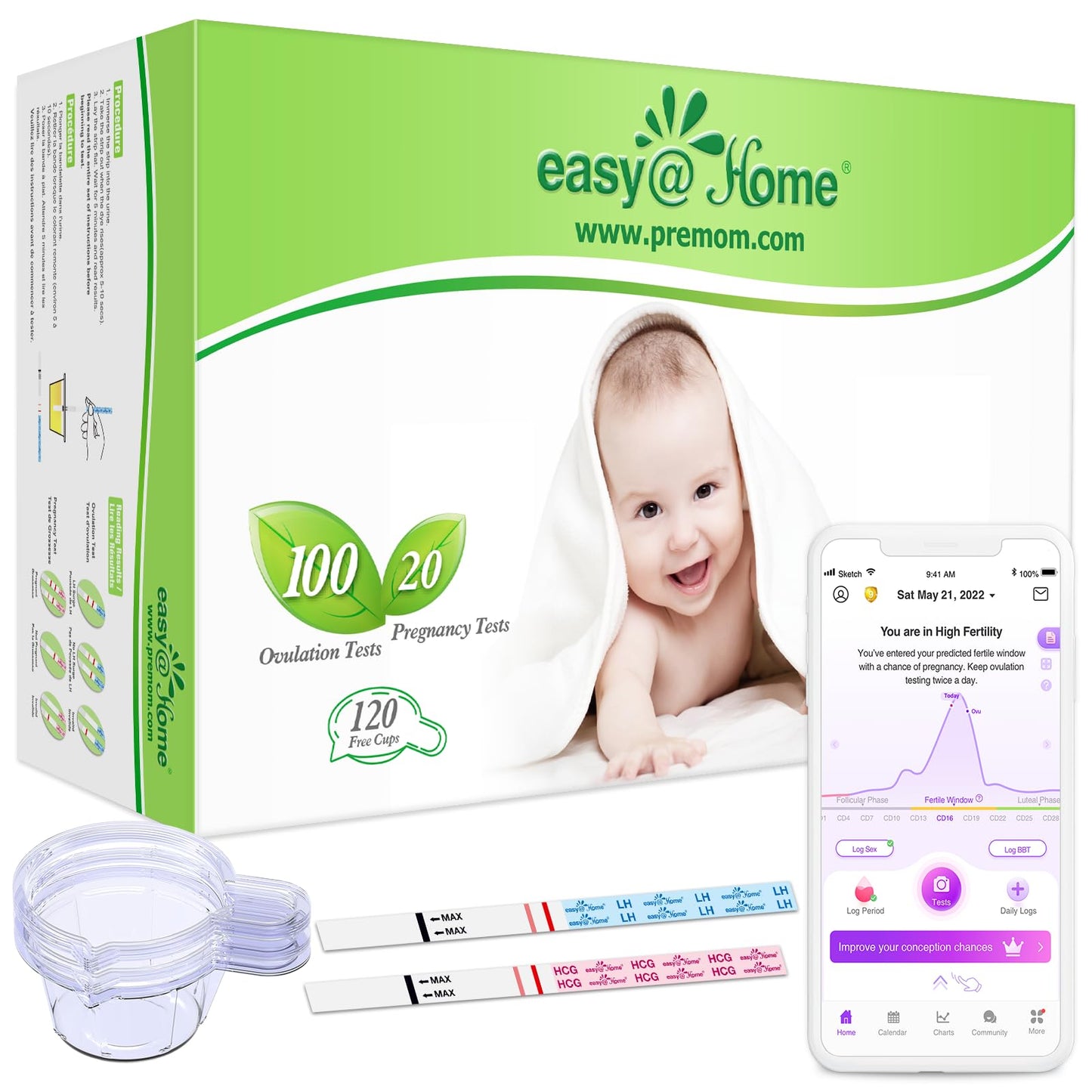 Easy@Home 100 LH Ovulation Test & 20 HCG Pregnancy Strips – Premom App Compatible, FSA Eligible