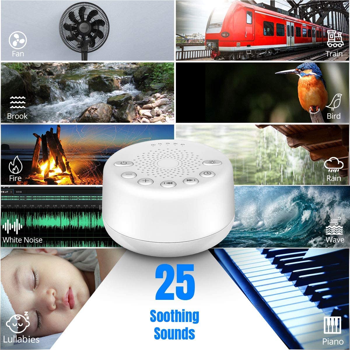 Easysleep White Noise Machine – 25 Sounds, Night Lights, Memory, USB/AC Power
