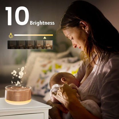 Easysleep Wood Finish White Noise Machine — 30 Sounds, 12 Night Lights, Memory, 32 Volume Levels, 5 Timers, AC/USB