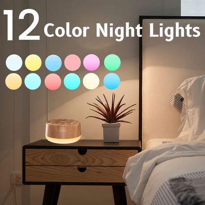 Easysleep Wood Finish White Noise Machine — 30 Sounds, 12 Night Lights, Memory, 32 Volume Levels, 5 Timers, AC/USB
