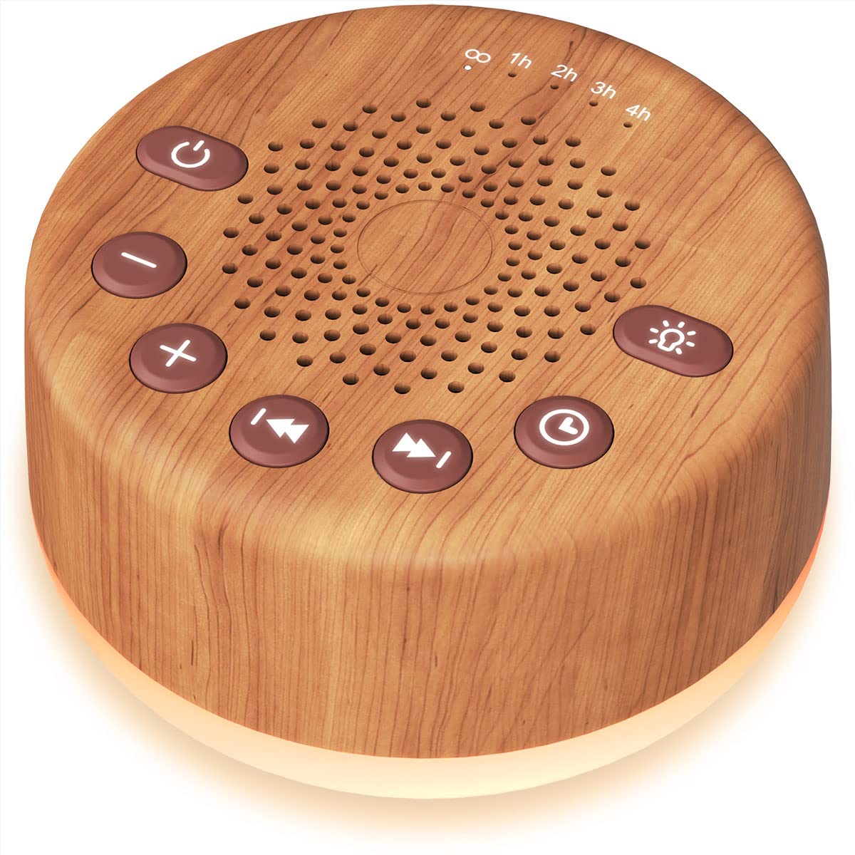 Easysleep Wood Finish White Noise Machine — 30 Sounds, 12 Night Lights, Memory, 32 Volume Levels, 5 Timers, AC/USB