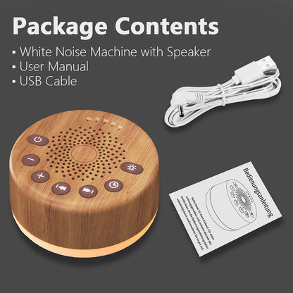 Easysleep Wood Finish White Noise Machine — 30 Sounds, 12 Night Lights, Memory, 32 Volume Levels, 5 Timers, AC/USB